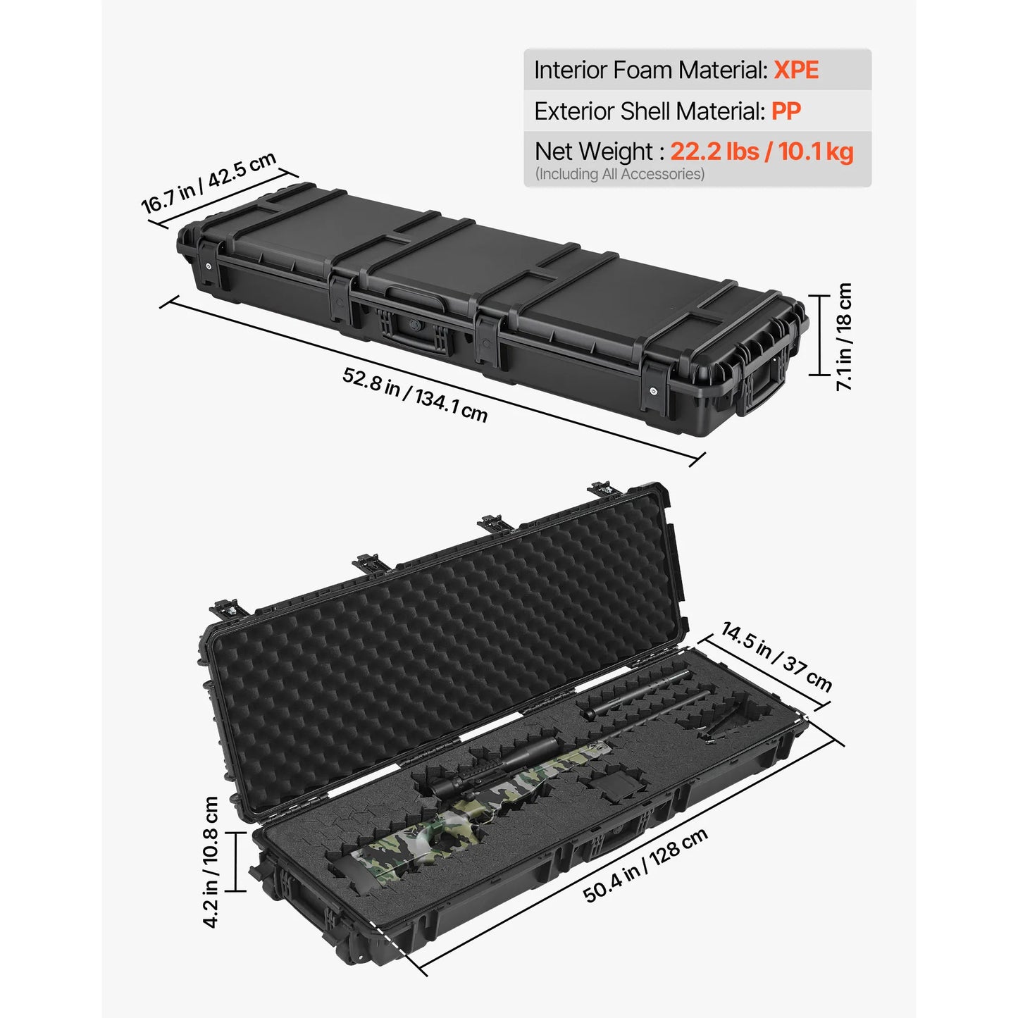 SucceBuy Lockable Hard Rifle Case With Pre-Cut Foams And Wheels IP67 Waterproof