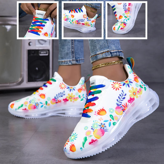 Women Floral Print Air Cushion Sneakers Breathable Rainbow Laces