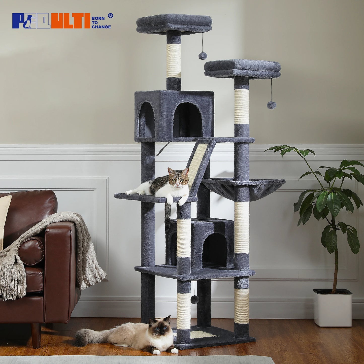 PEQULTI Multi Level Cat Tree Scratching Posts Hammock Cozy Condo