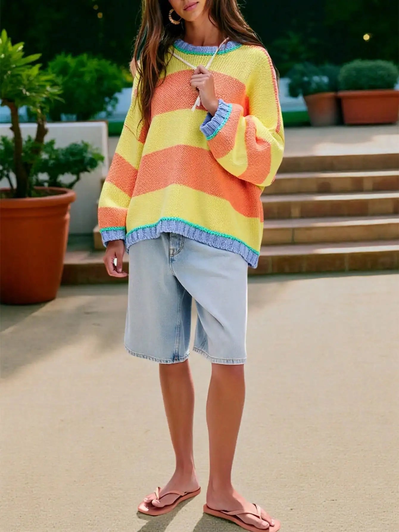 Fisoew Women's Loose Colorblock Knit Sweater