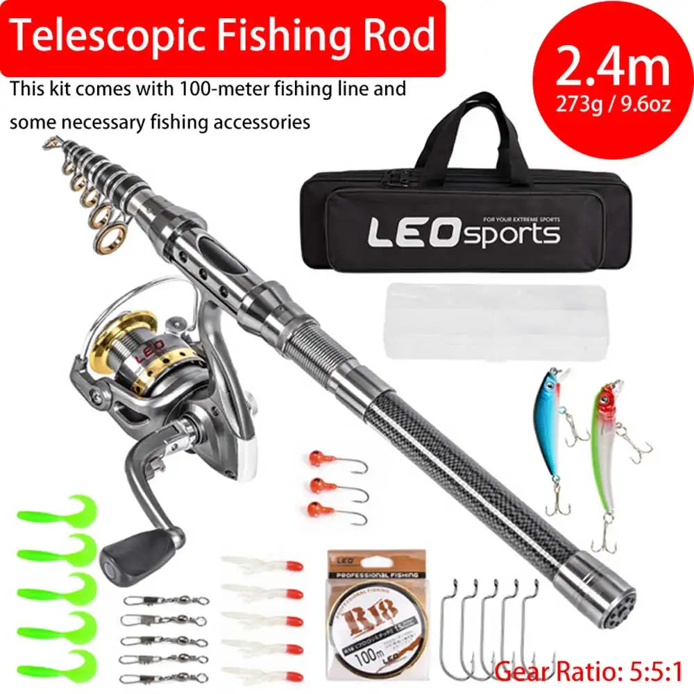 Carbon Fiber Telescopic Fishing Rod And Reel Combo Kit