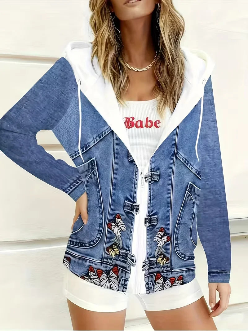 Plus Size Faux Denim Hooded Jacket With Butterfly Embroidery