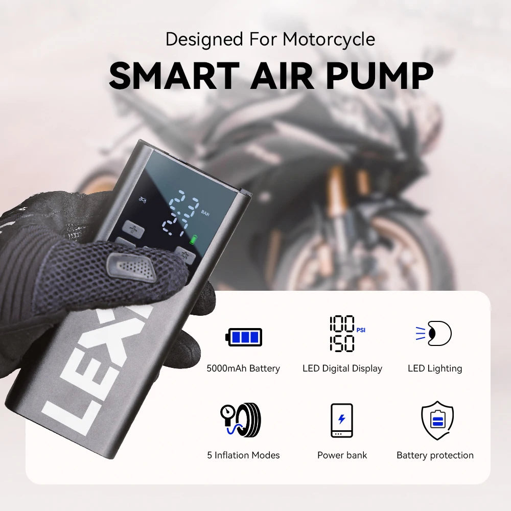 Lexin P5 Smart Digital Motorcycle Tire Air Pump With Power Bank