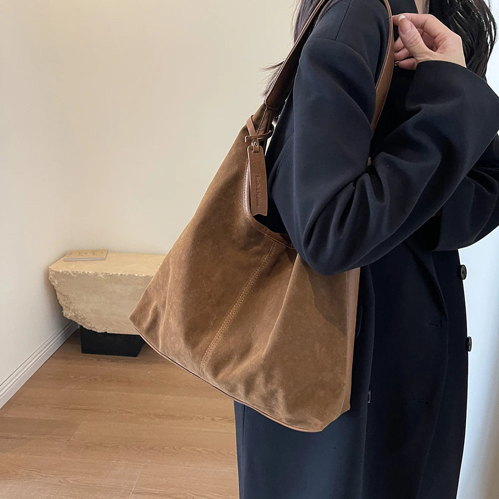 Women Suede Tote Magnetic Closure Shoulder Bag Large Capacity