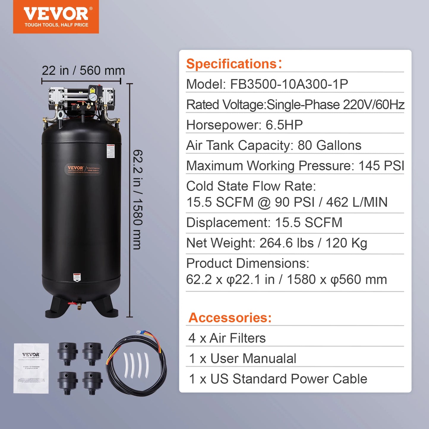 VEVOR Air Compressor 6.5 HP 145 PSI Oil Free Industrial