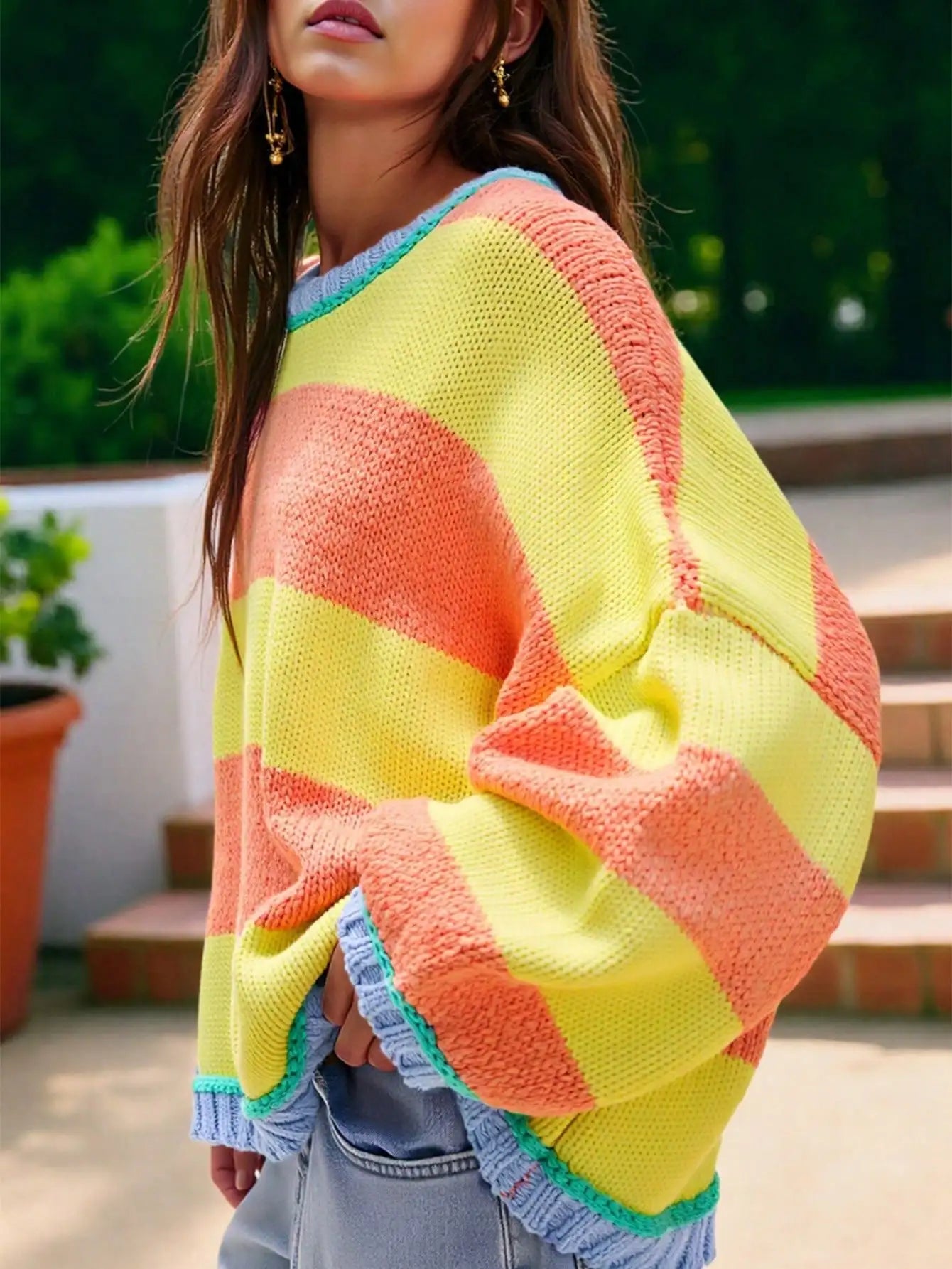Fisoew Women's Loose Colorblock Knit Sweater