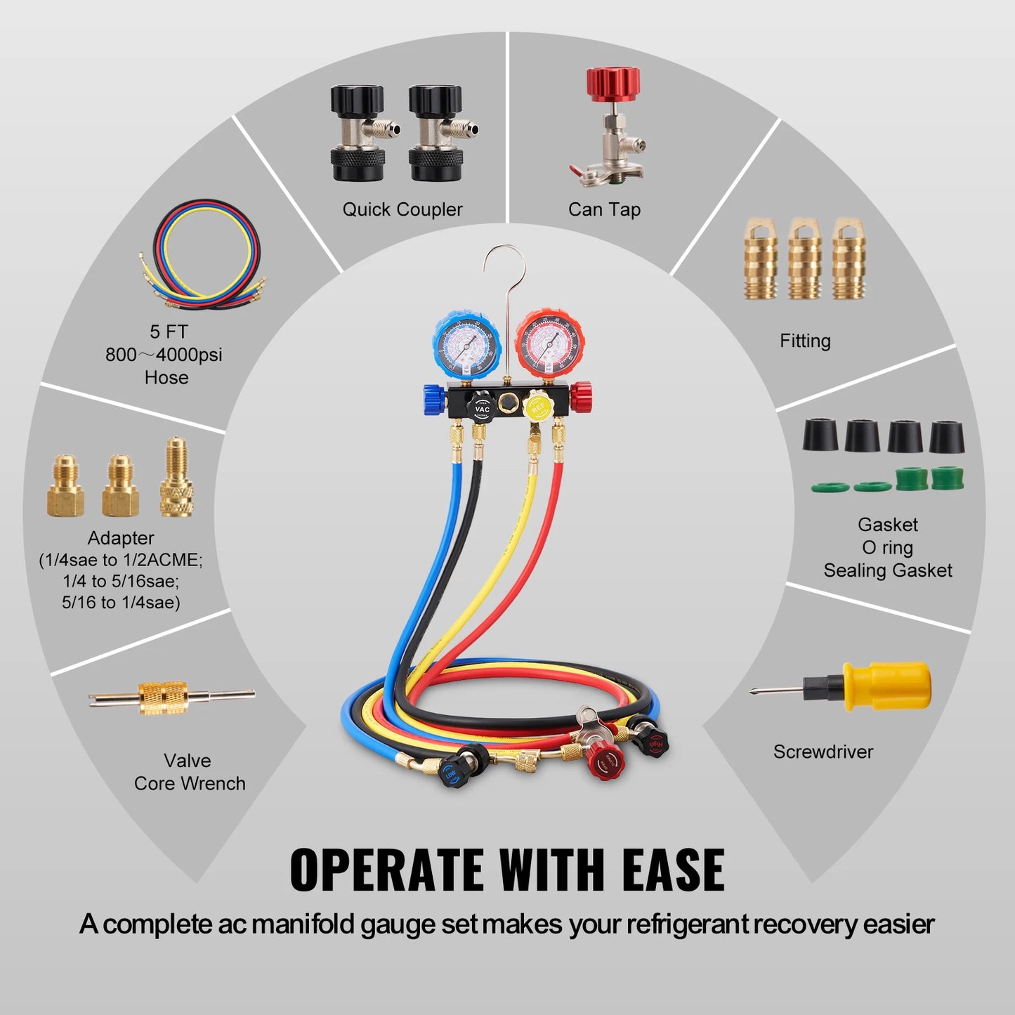 SucceBuy 4 Way AC Manifold Gauge Set With Hoses R134A