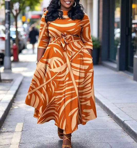 Palm Leaf Print Midi Dress With Cinched Waist And Pockets