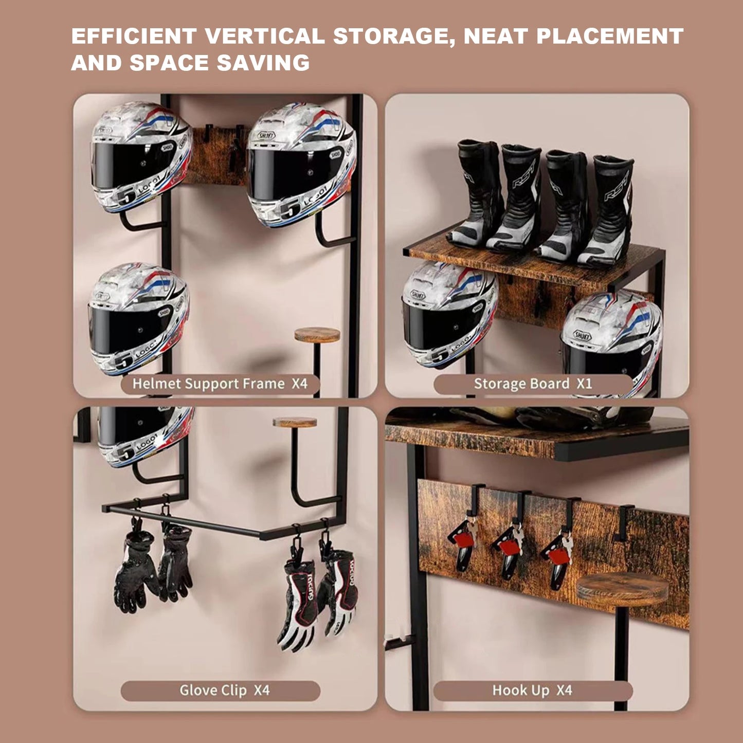 Motorcycle Helmet Holder Wall Mount With Gloves Hooks