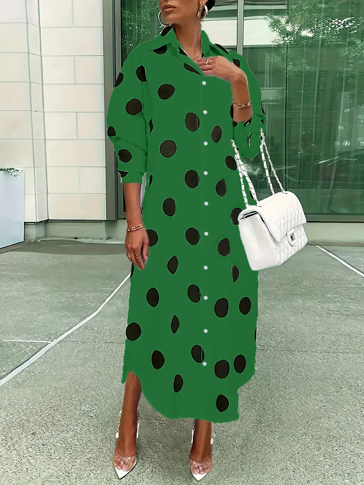 Women's Polka Dot Lapel Long Sleeve Midi Shirt Dress