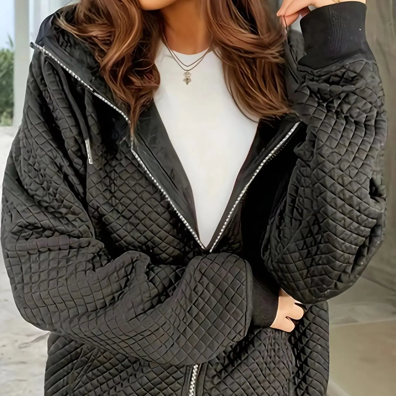 Plus Size Quilted Zip Up Jacket With Stand Collar