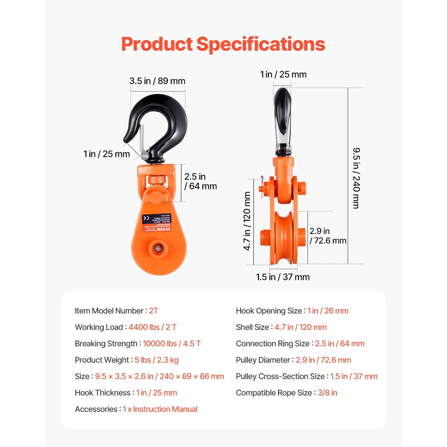 SucceBuy 2 Ton Snatch Block Pulley With Swivel Hook