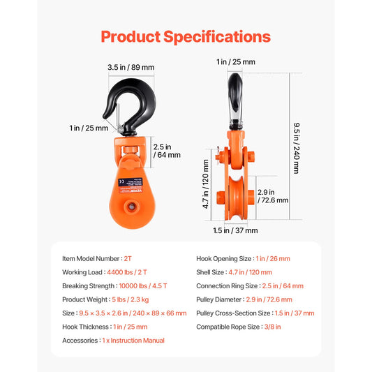 SucceBuy 2 Ton Snatch Block Pulley With Swivel Hook