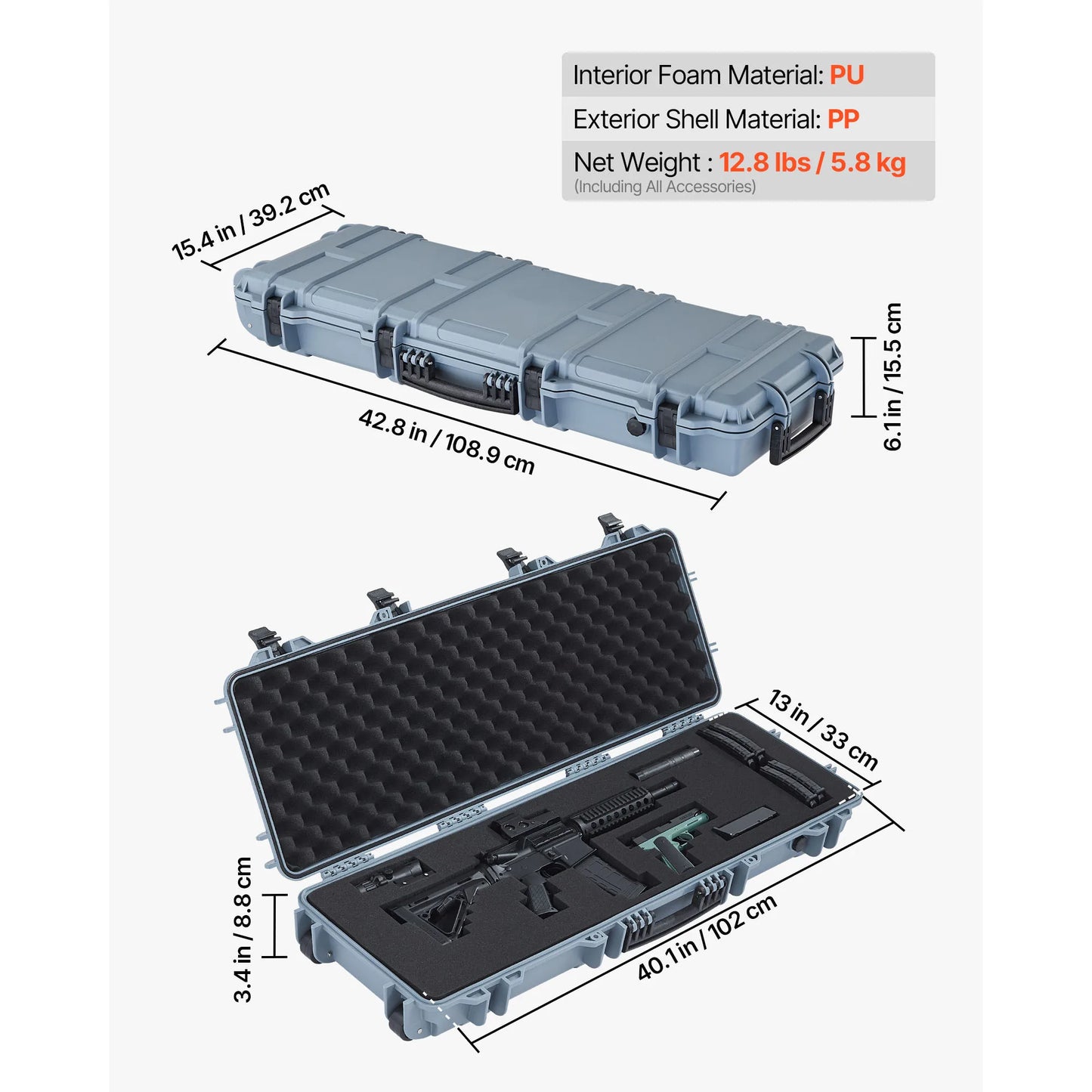 SucceBuy Lockable Hard Rifle Case With Pre-Cut Foams And Wheels IP67 Waterproof