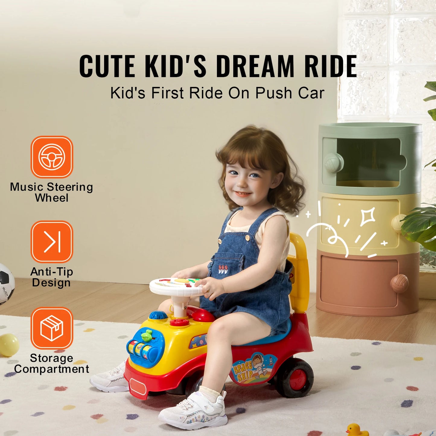 SucceBuy Toddler Ride On Push Car With Music Steering Wheel