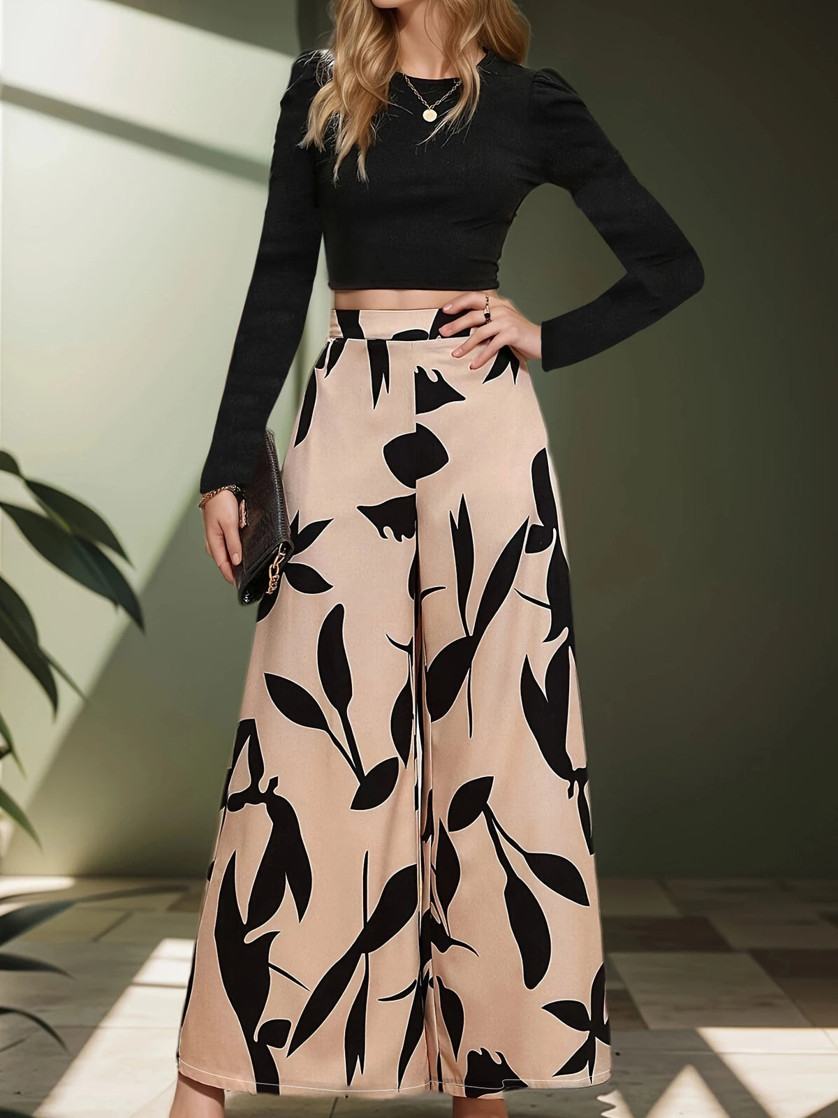 Women's High Waist Floral Print Wide Leg Polyester Pants