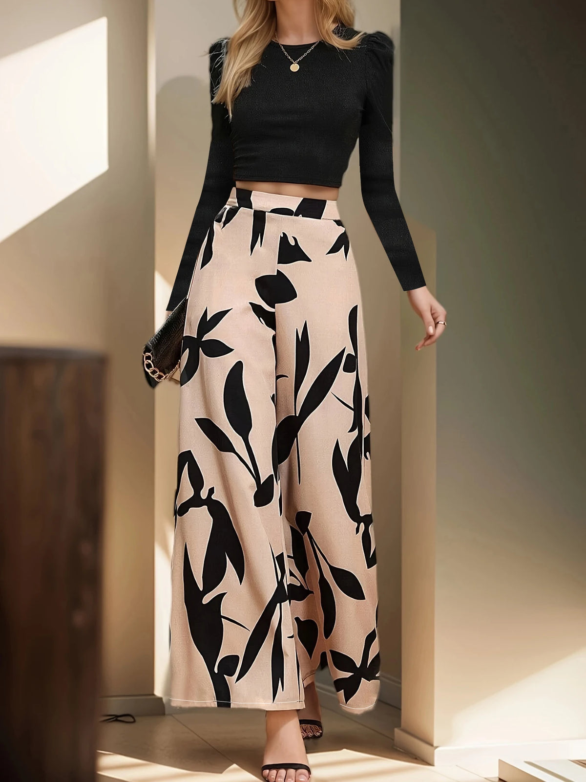 Women's High Waist Floral Print Wide Leg Polyester Pants