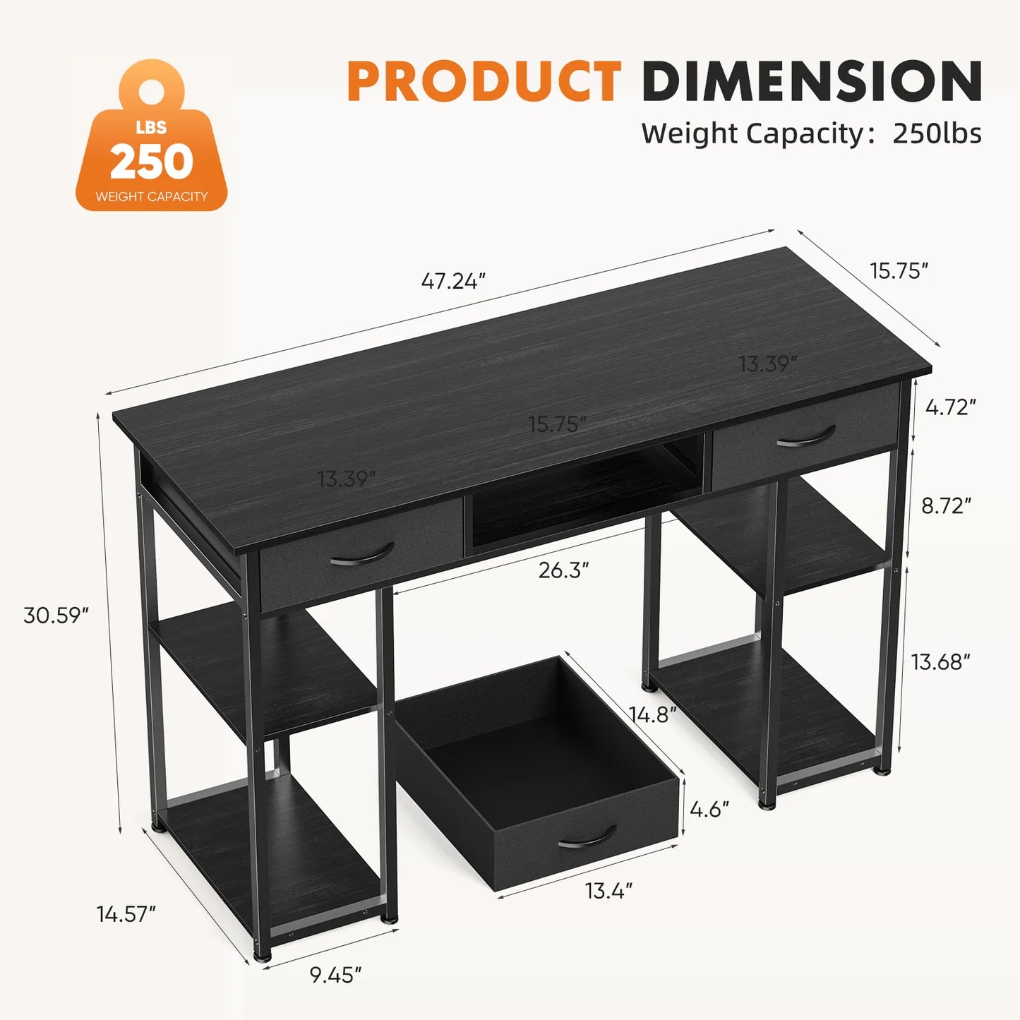 JHK Computer Gaming Desk With Fabric Drawers And Adjustable Feet