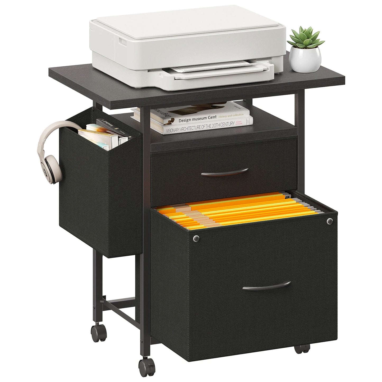JHK Wheeled Mobile File Cabinet With 2 Fabric Drawers And Open Shelf