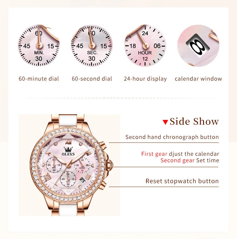 OLEVS Women Ceramic Watch Chronograph Elegant Waterproof Quartz Reloj Mujer