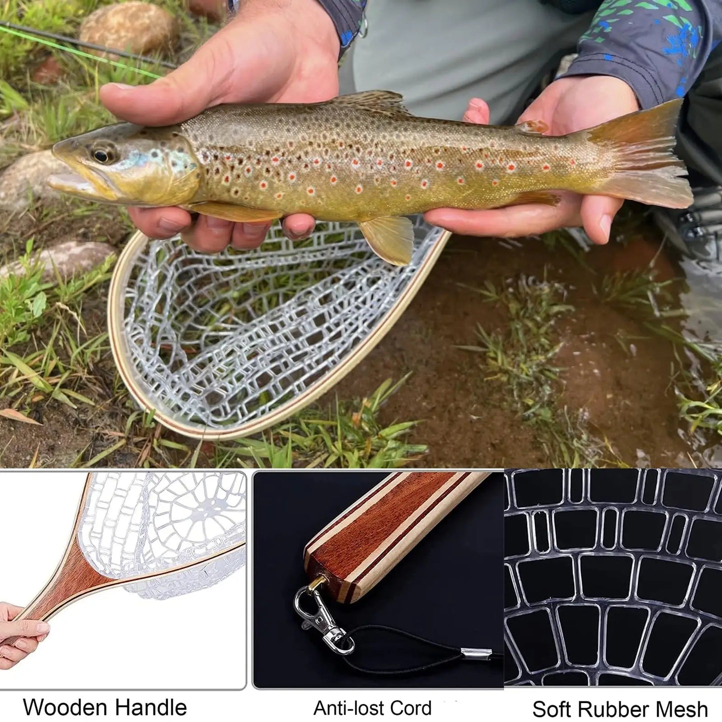 Fly Fishing Landing Net With Soft Knotless Rubber Mesh For Catch And Release
