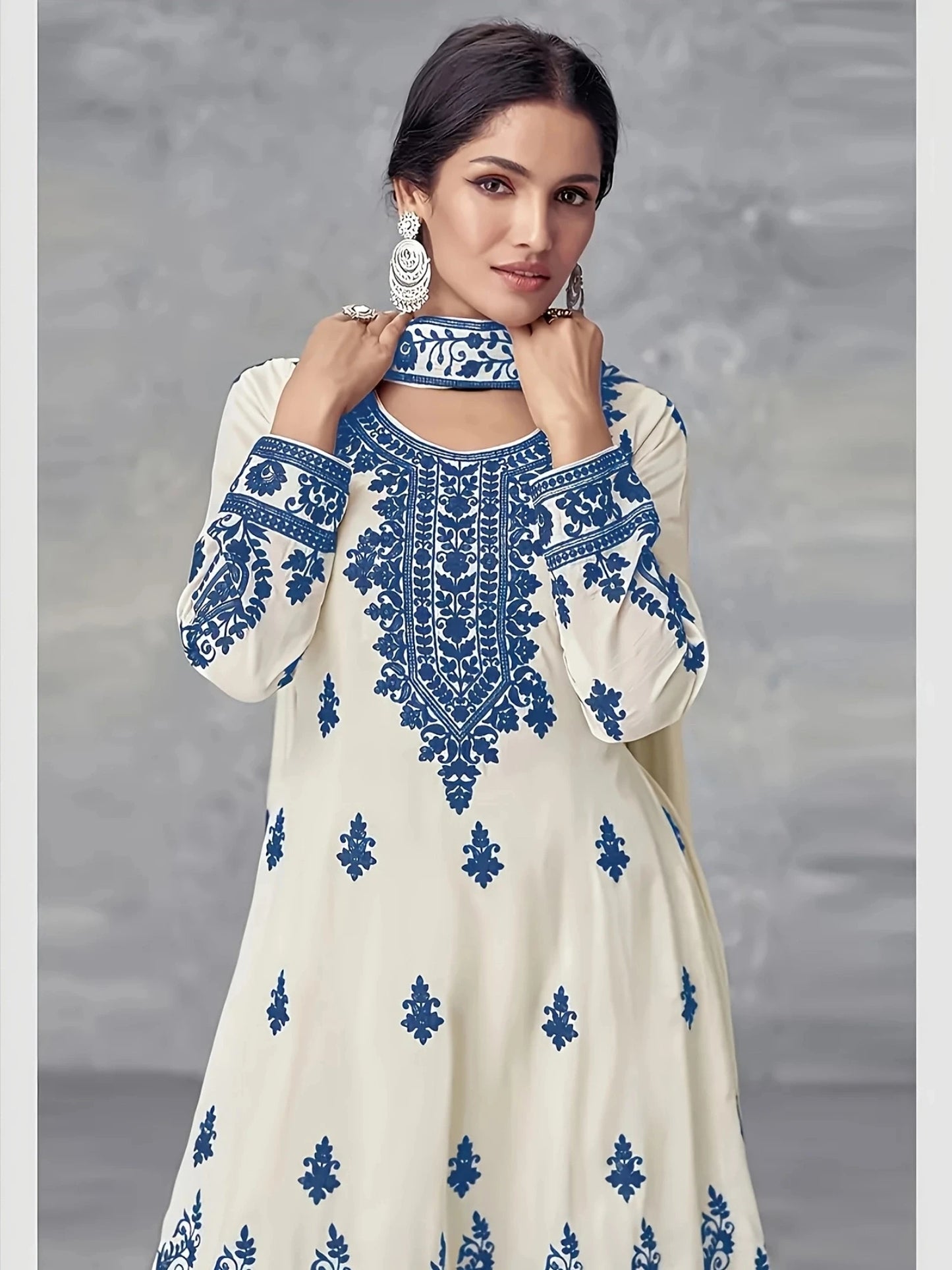 Printed Ethnic Three Piece Crew Neck Set With Headscarf