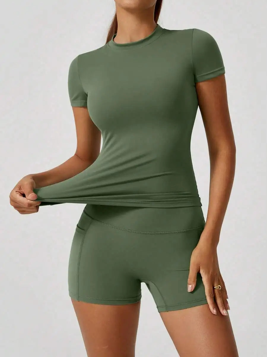 Womens Sports Short Sleeve High Waist Tummy Control Butt Lifting Shorts Set
