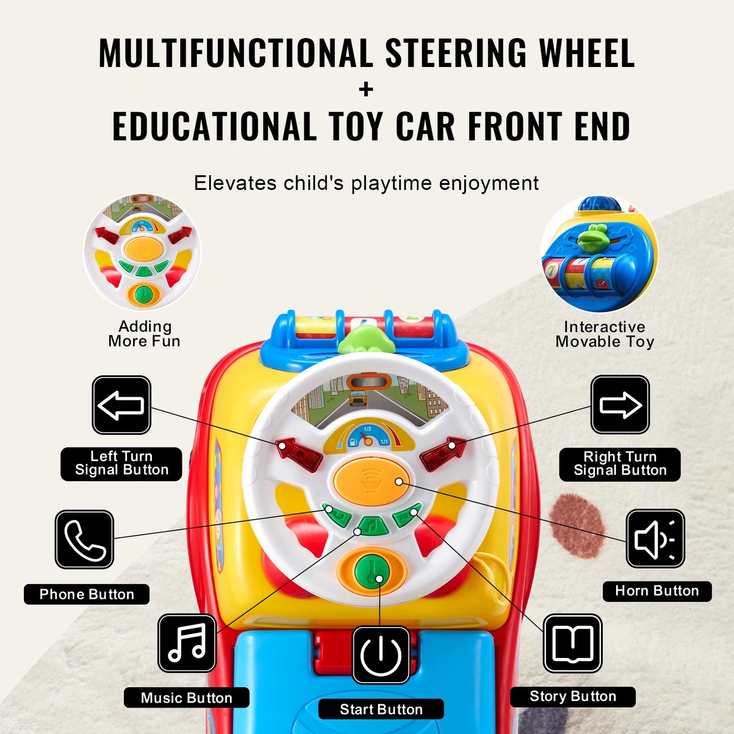 SucceBuy Toddler Ride On Push Car With Music Steering Wheel