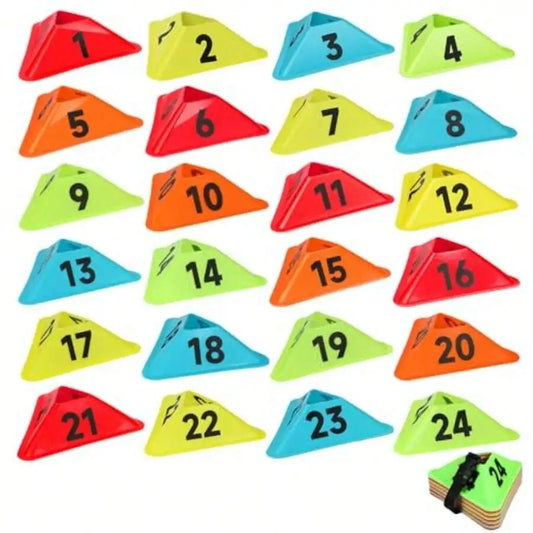 24 Pack Numbered Sports Cones Flexible Agility Training