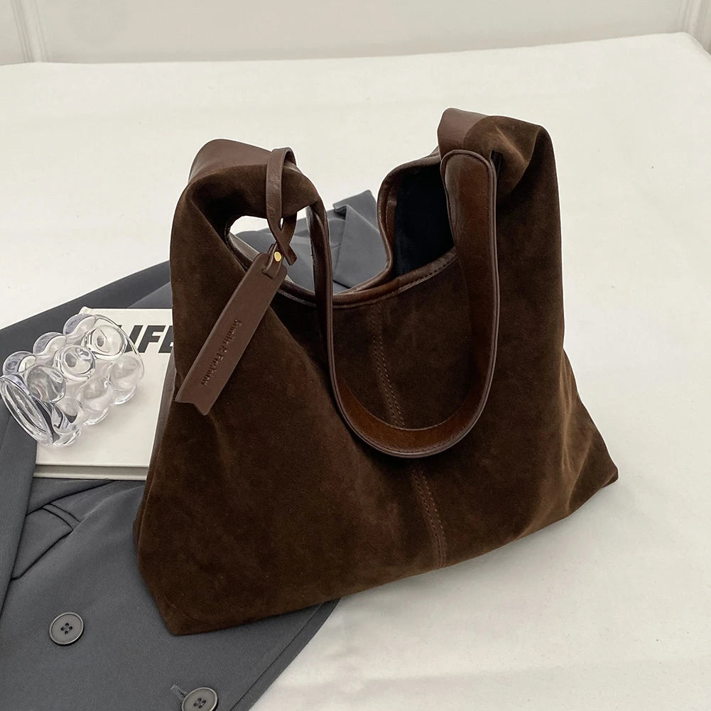 Women Suede Tote Bag Magnetic Closure Slouchy Retro Shoulder Bag