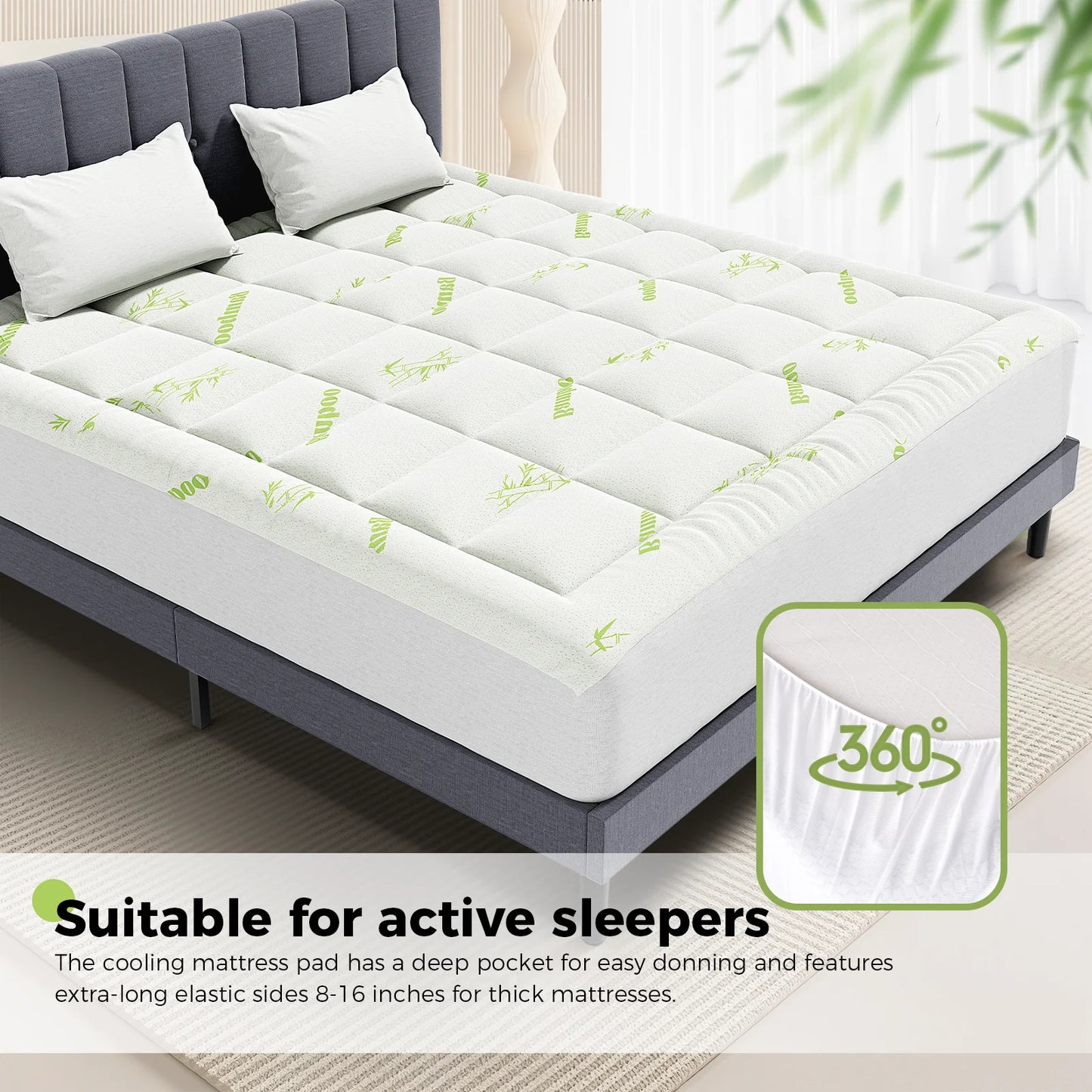 JHK Bamboo Fiber Mattress Topper Deep Pockets for Back Pain Relief