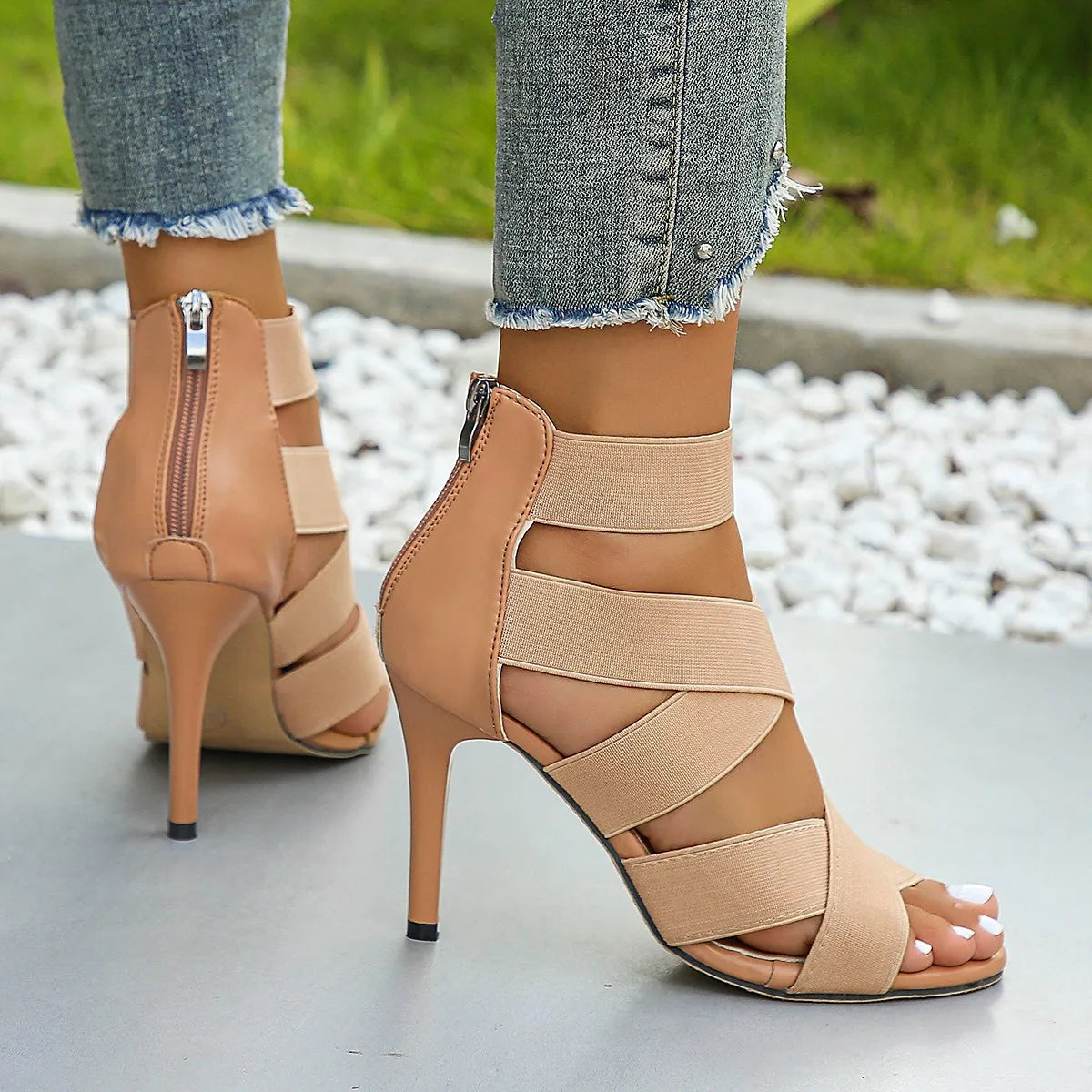 Women's Multi Strap Ankle Wrap Stiletto Heel Sandals Open Toe Back Zipper