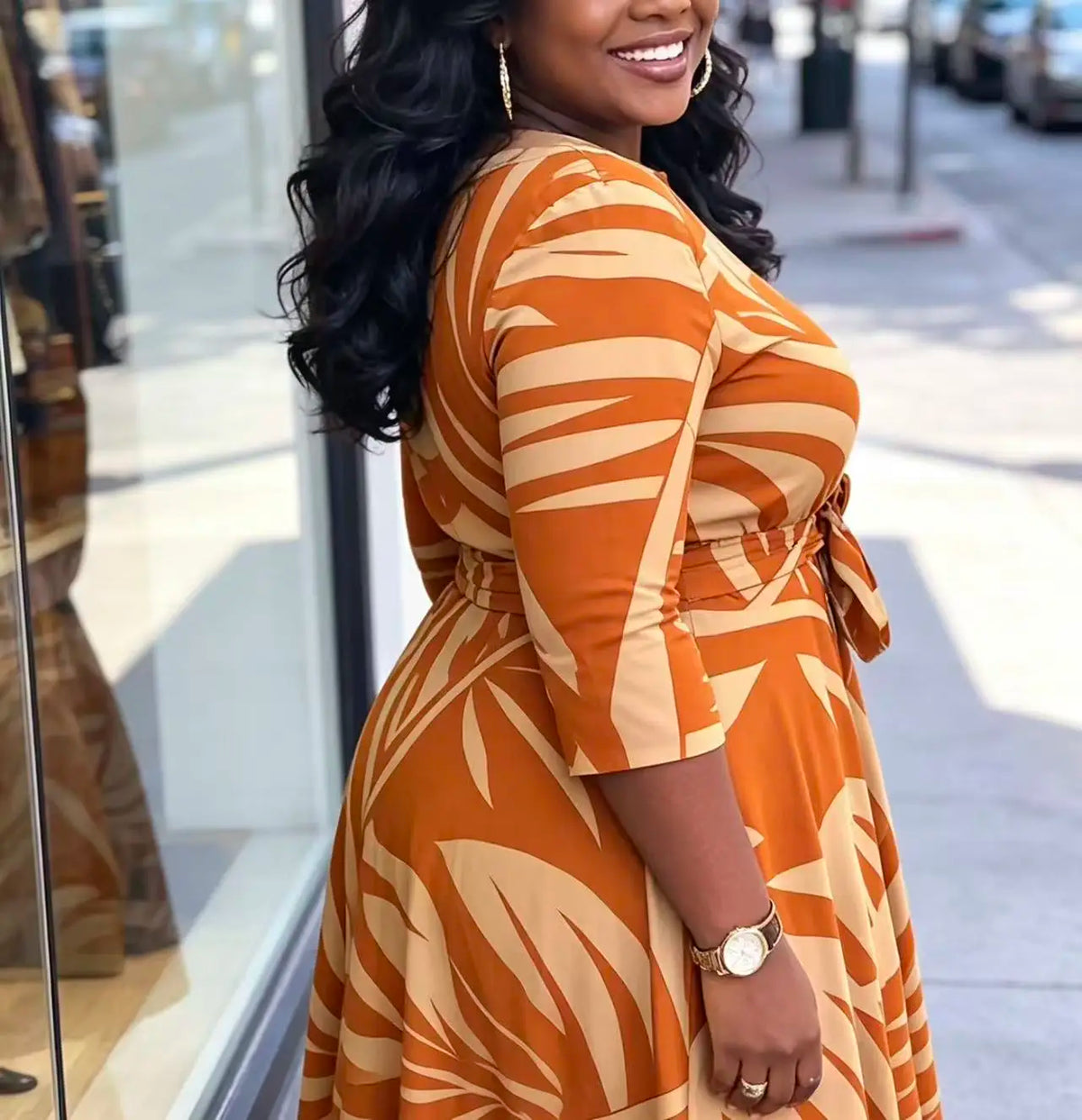 Palm Leaf Print Midi Dress With Cinched Waist And Pockets