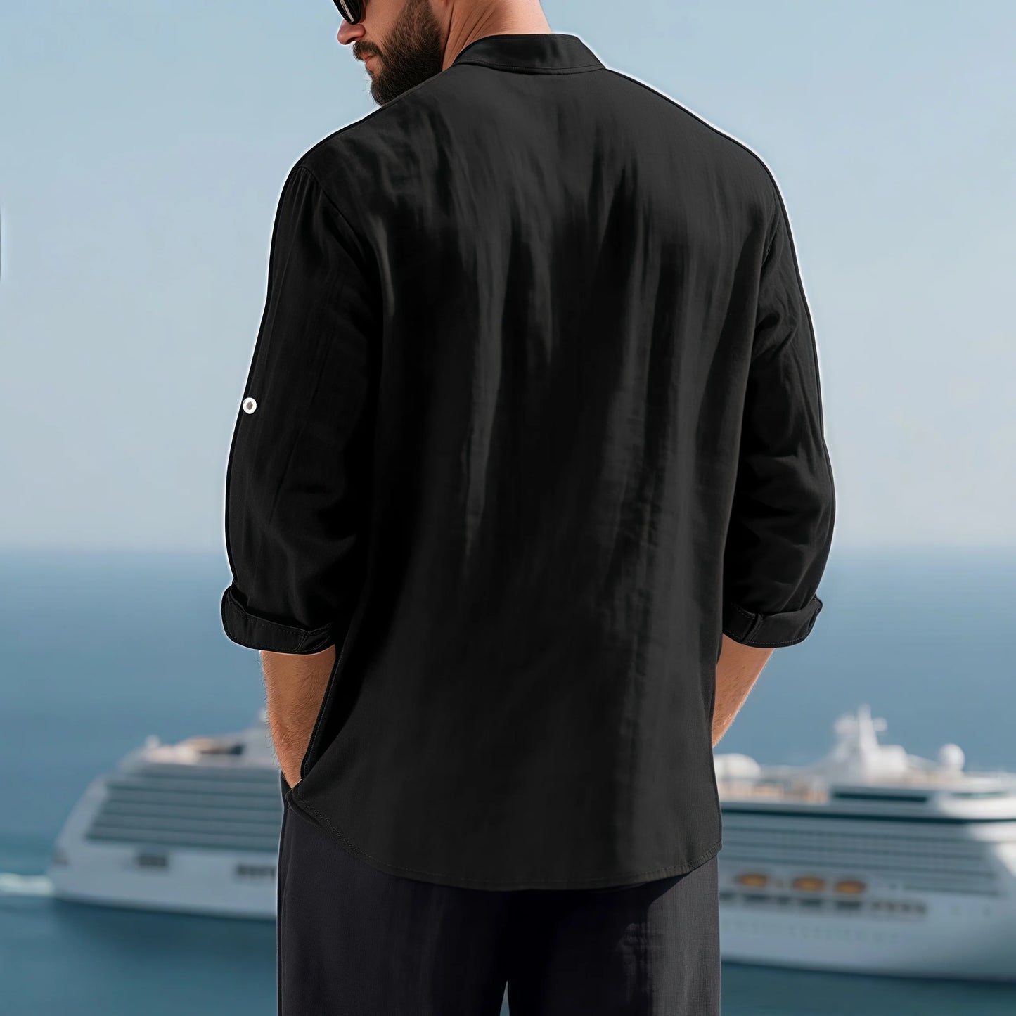 Men Linen Button Down Shirt With Mandarin Collar Chest Pocket Breathable