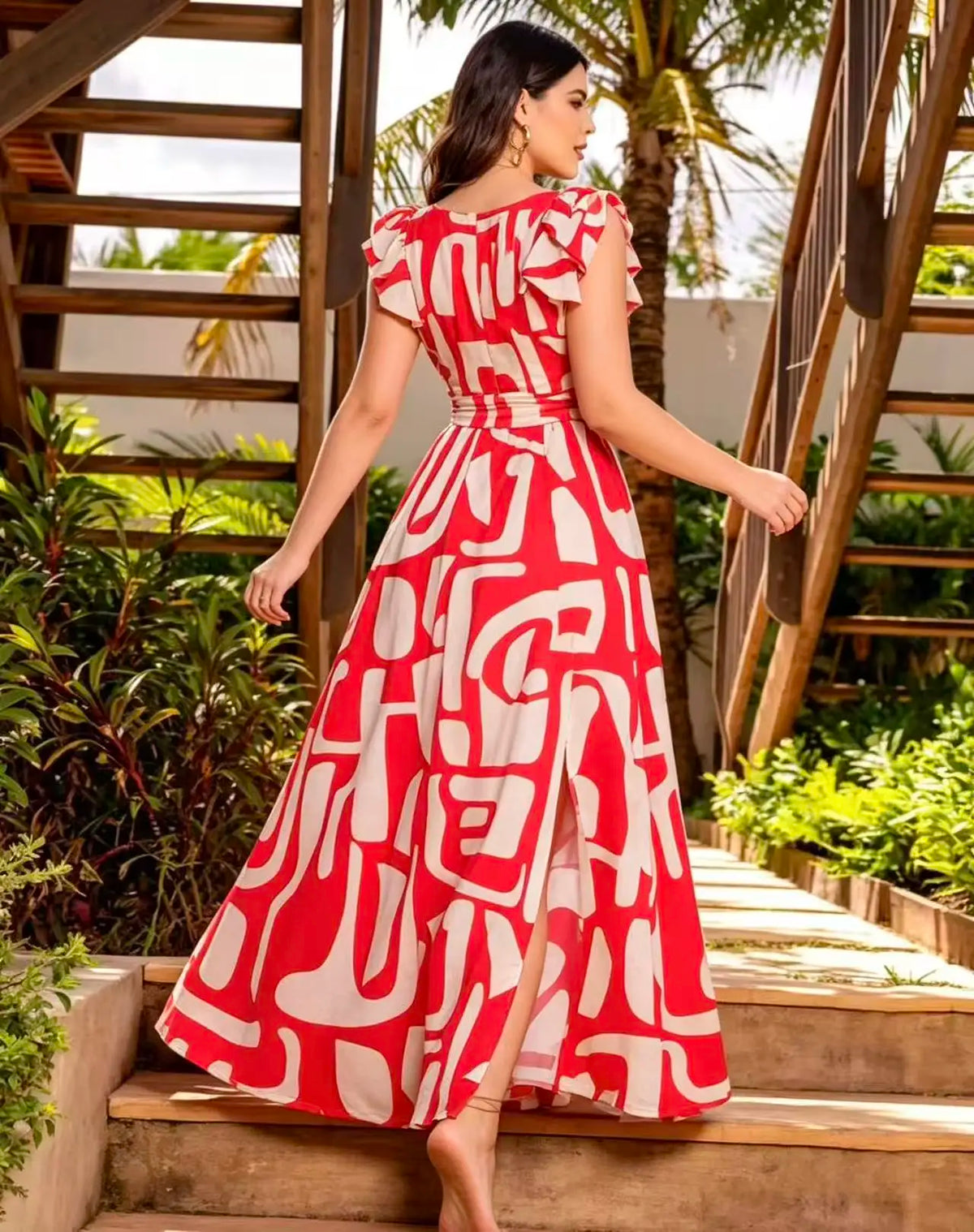 Elegant Polyester Geometric Print Sleeveless Maxi Dress With Bow Accent