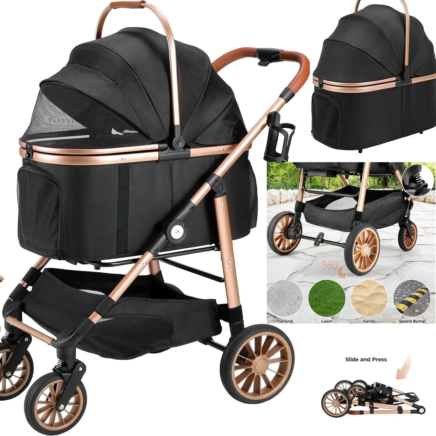 Foldable 360 Degree Cat Pet Stroller And Dog Buggy 25kg Load