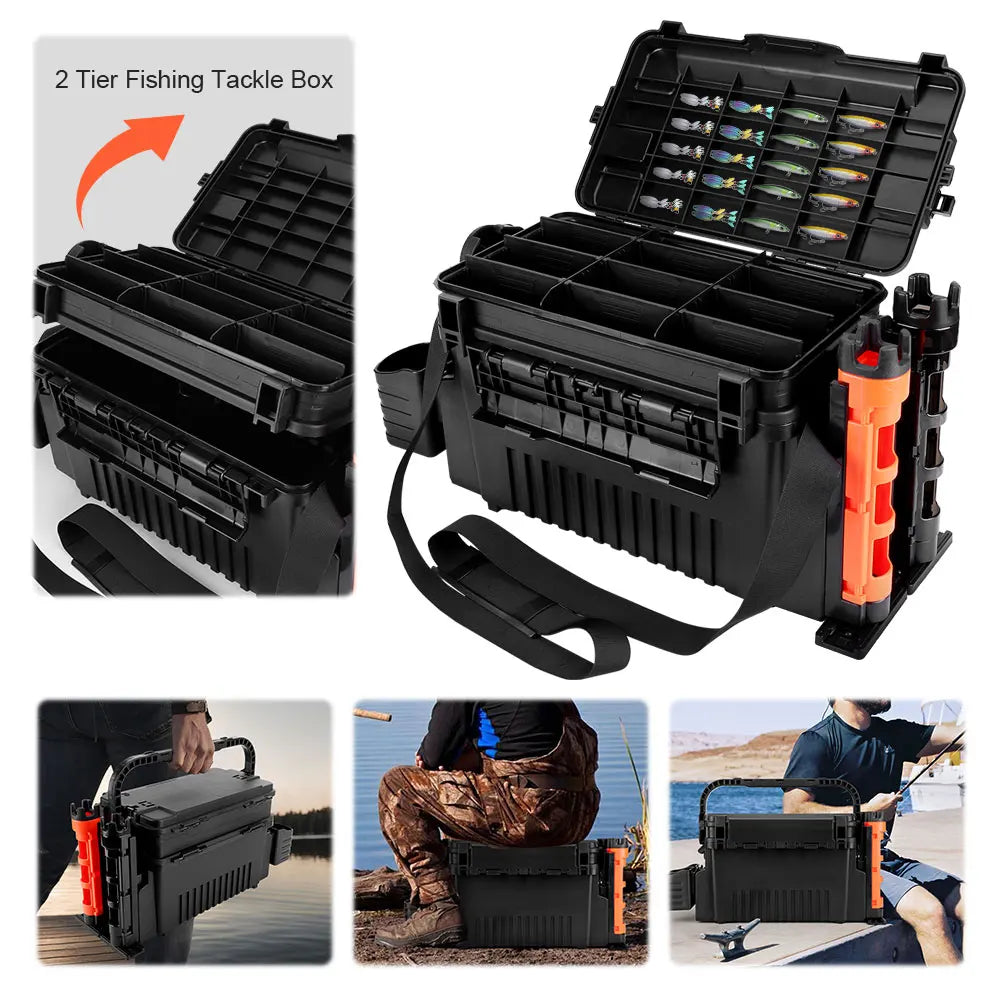 ALIILEE 2 Tier Fishing Tackle Box With Cup Rod Holder
