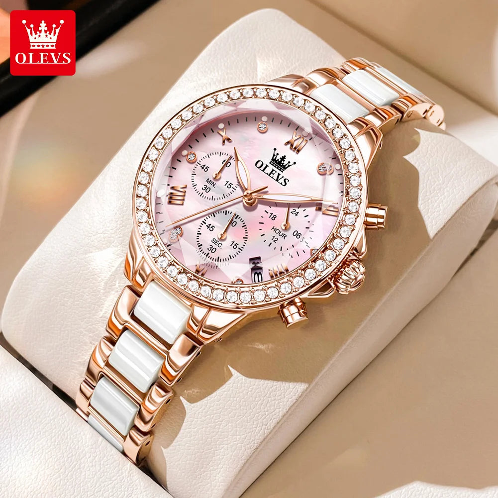 OLEVS Women Ceramic Watch Chronograph Elegant Waterproof Quartz Reloj Mujer