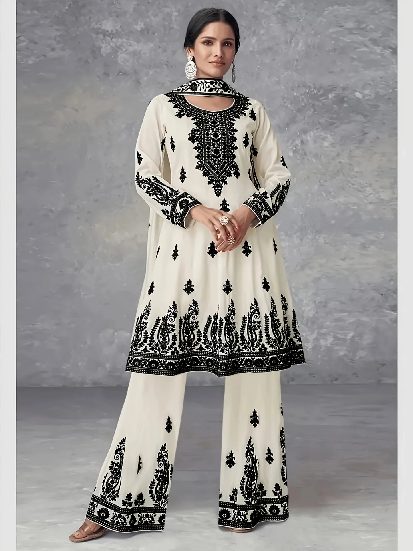 Printed Ethnic Three Piece Crew Neck Set With Headscarf
