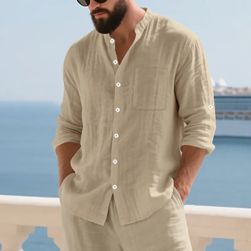 Men Linen Button Down Shirt With Mandarin Collar Chest Pocket Breathable