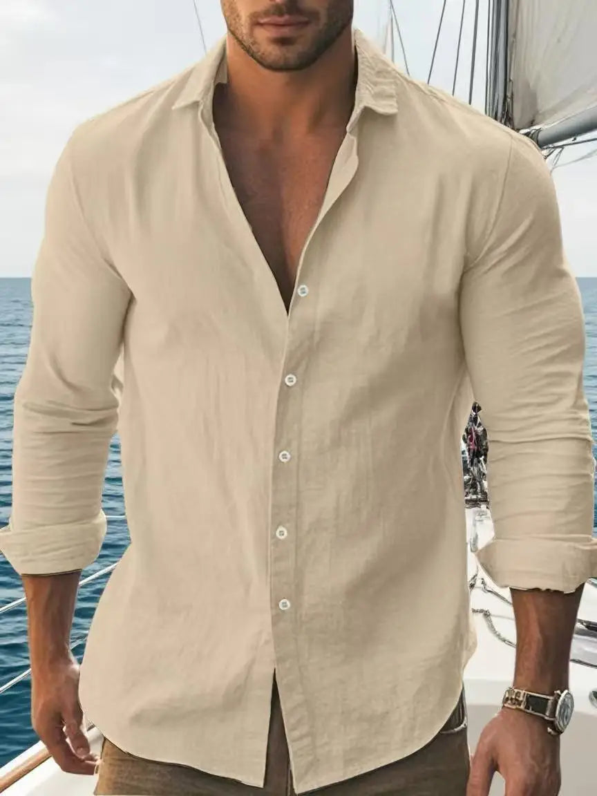 Mens Solid Cotton Long Sleeve Shirt Classic Collar
