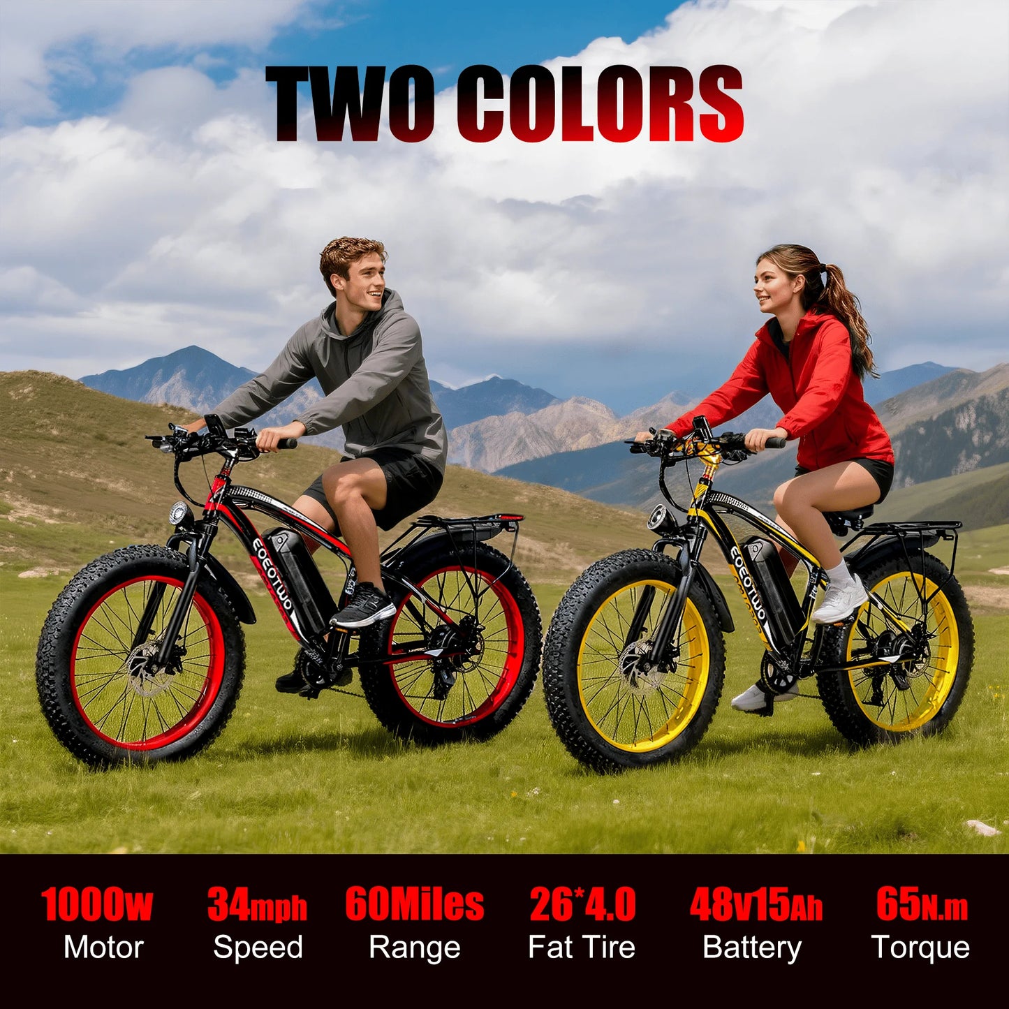 EOEOTWO Fat Tire Electric Bike 1000W Motor 34 MPH 60MileRange