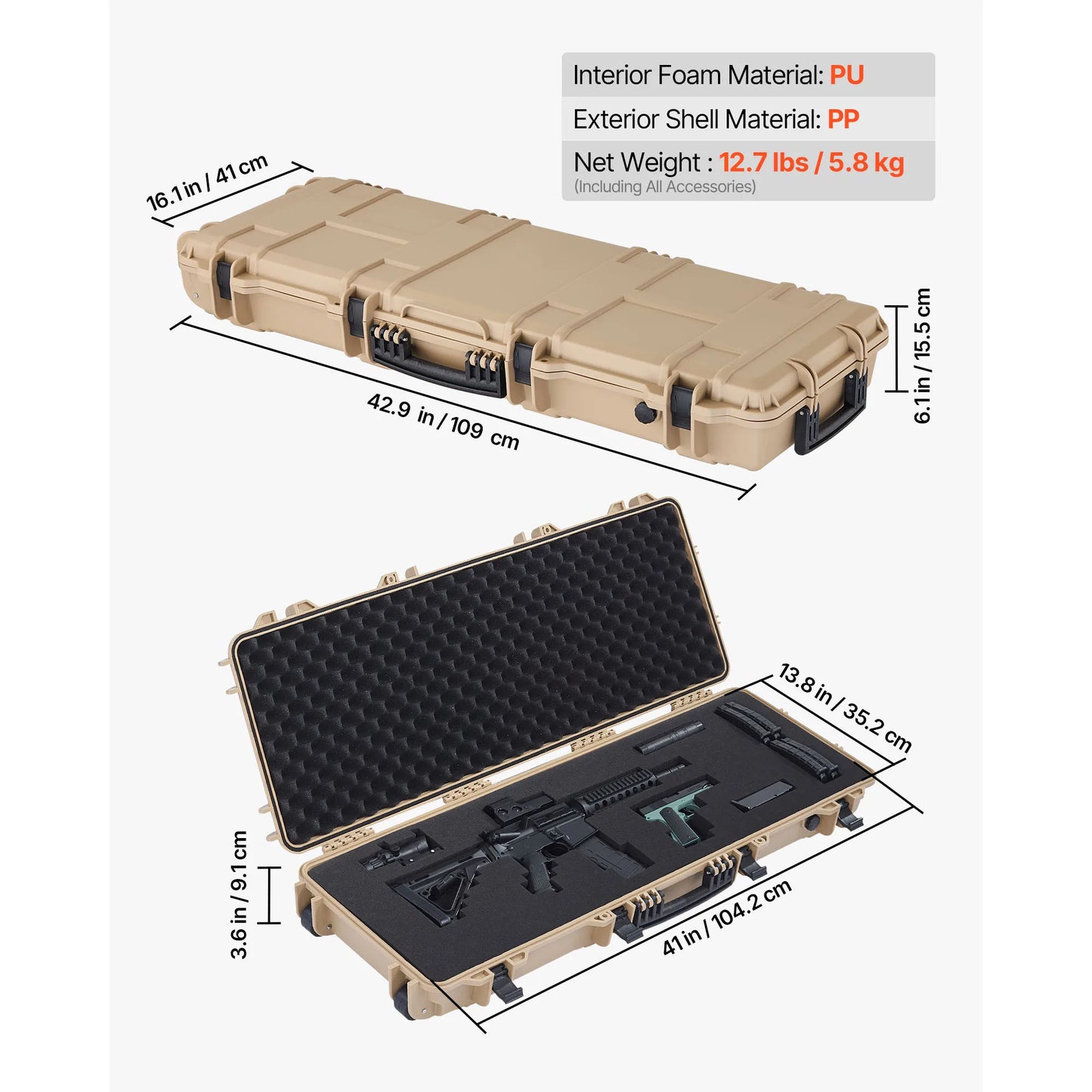 SucceBuy Lockable Hard Rifle Case With Pre-Cut Foams And Wheels IP67 Waterproof