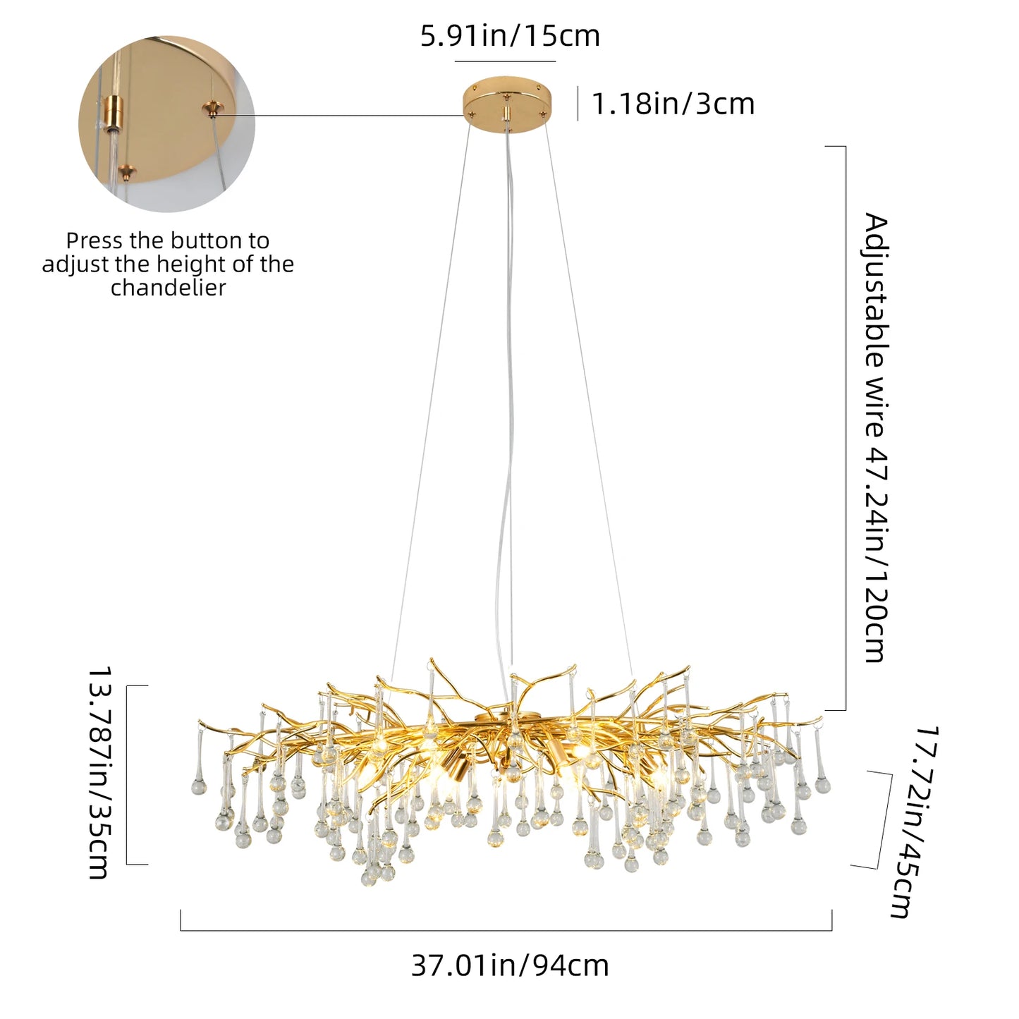 GreeLustr Modern Luxury Gold Crystal Tree Branch Ceiling Chandelier