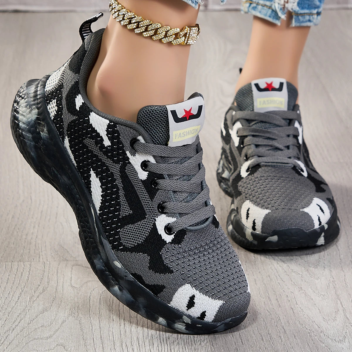 Women Camo Print Flying Knit Sneakers Breathable Mesh Lightweight Lace Up Shoes