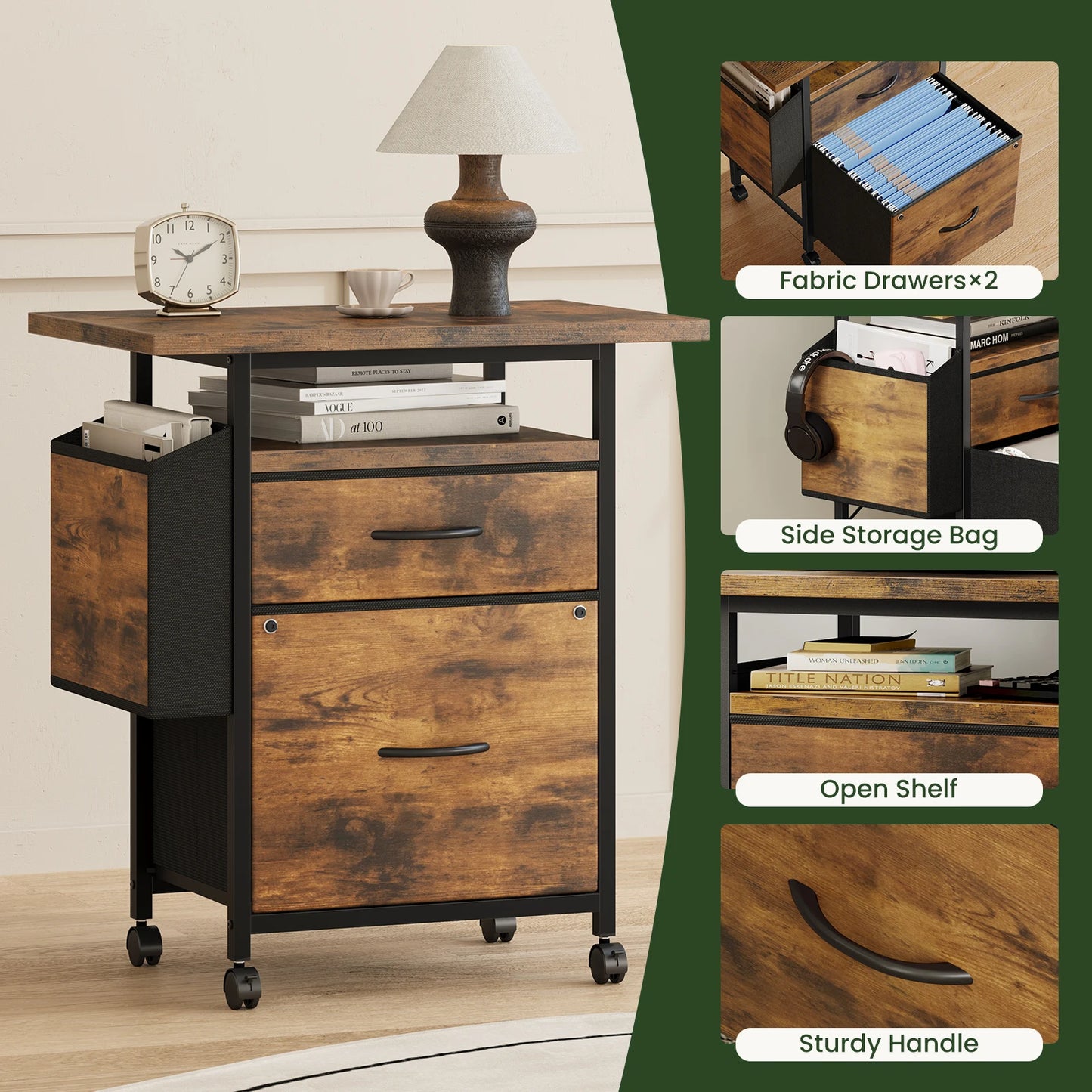 JHK Wheeled Mobile File Cabinet With 2 Fabric Drawers And Open Shelf