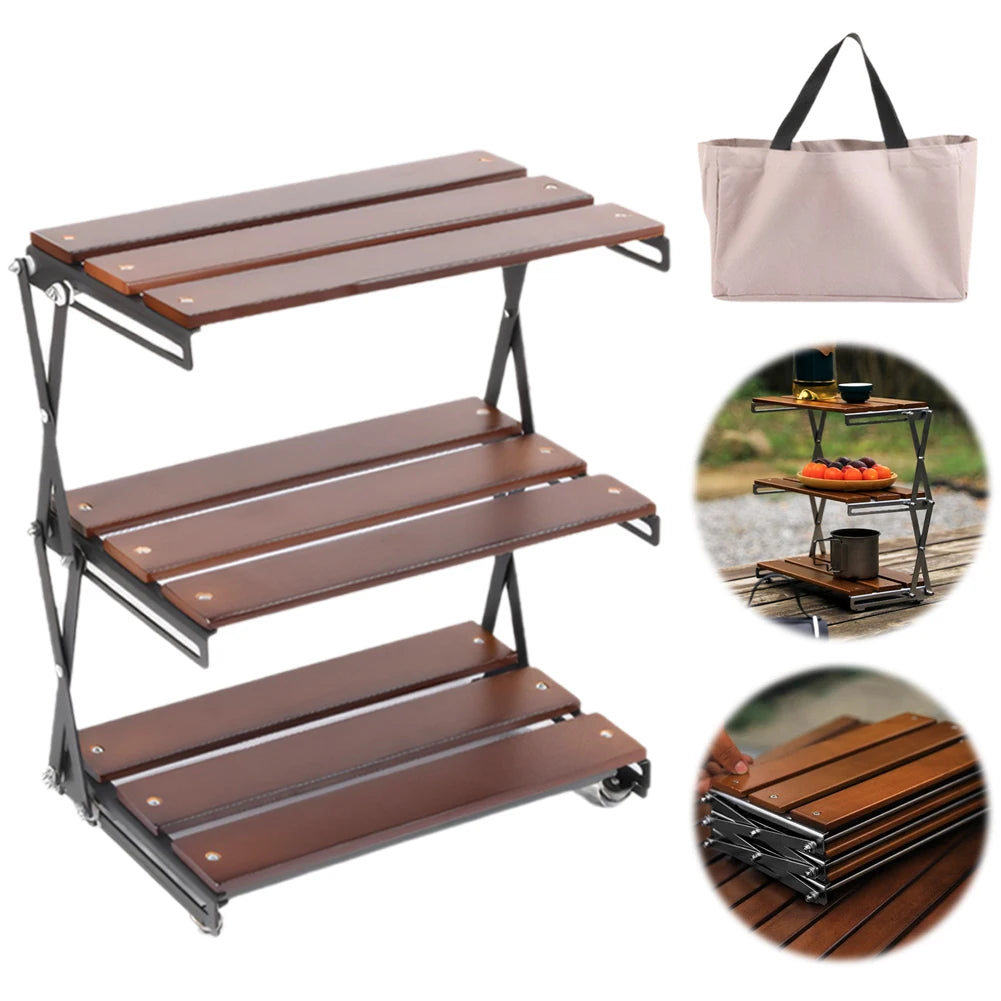 ATUOTIN 3 Tier Foldable Wooden Camping Shelf With Metal Frame