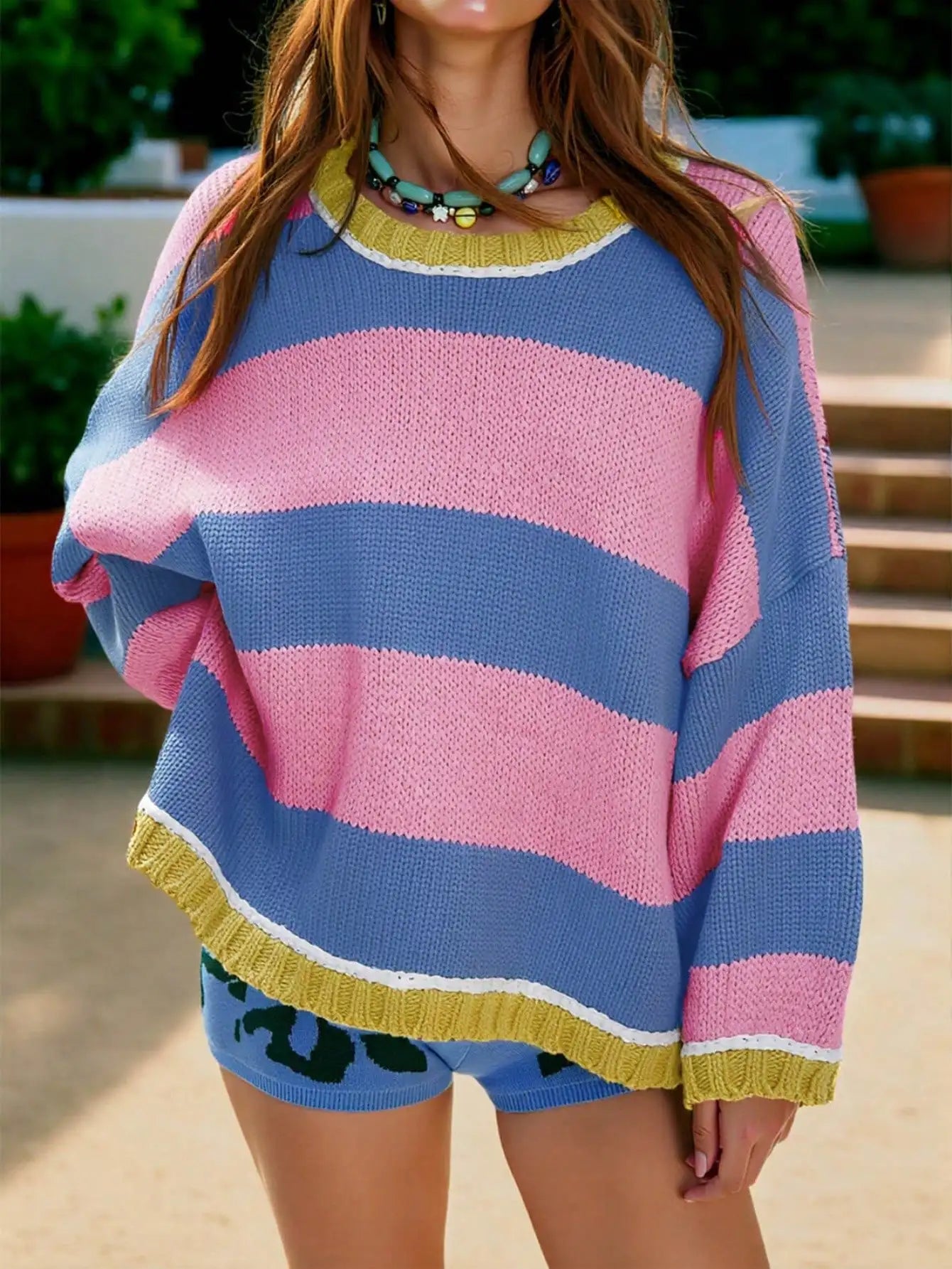 Fisoew Women's Loose Colorblock Knit Sweater