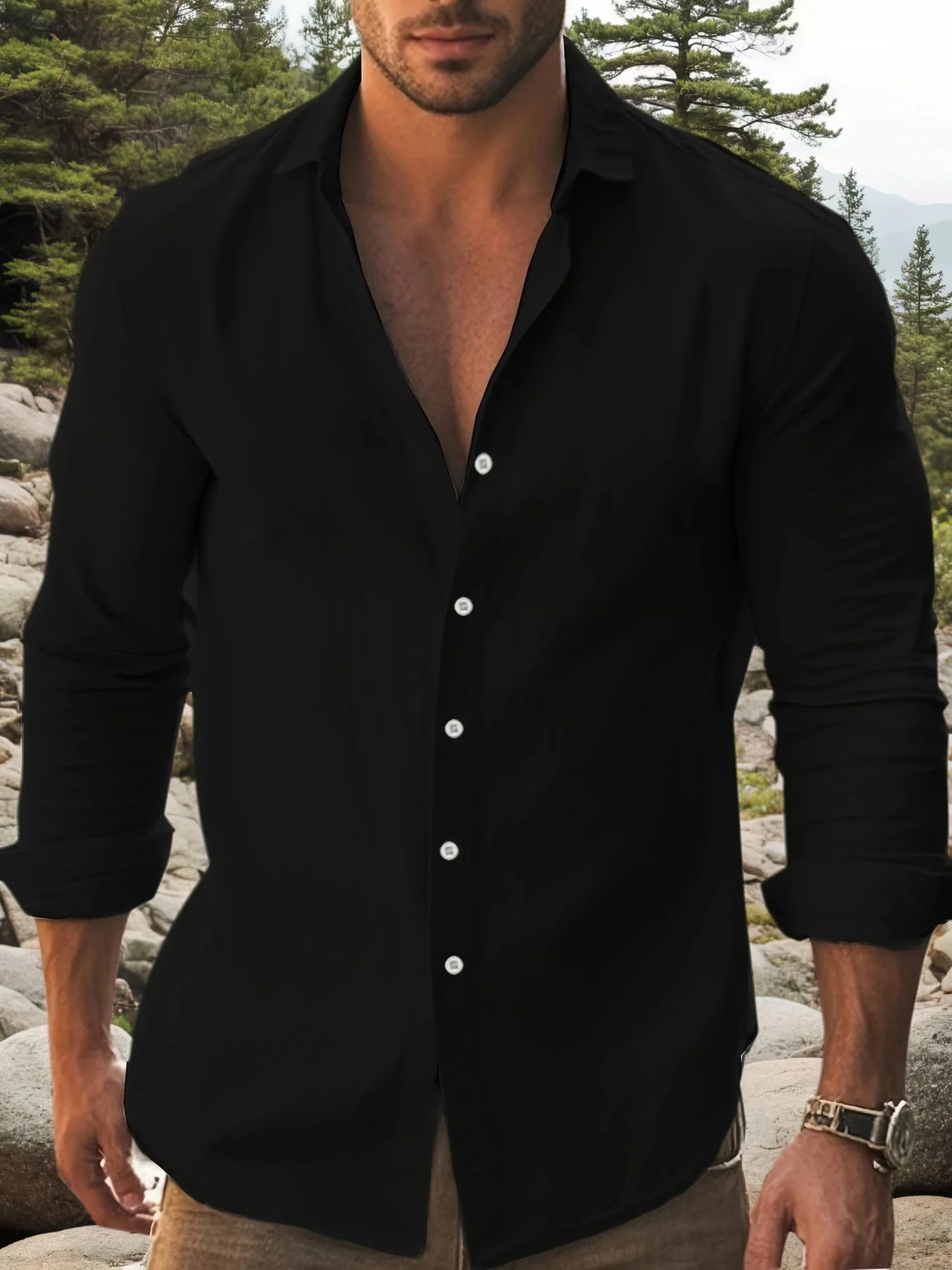 Mens Solid Cotton Long Sleeve Shirt Classic Collar