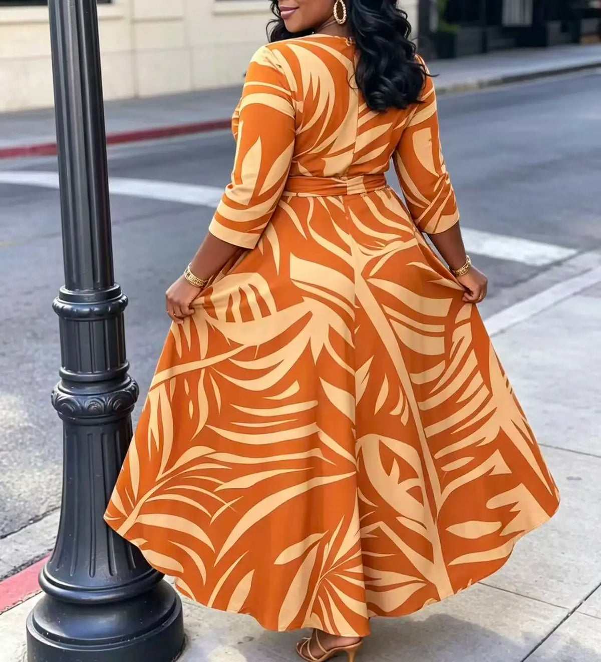 Palm Leaf Print Midi Dress With Cinched Waist And Pockets